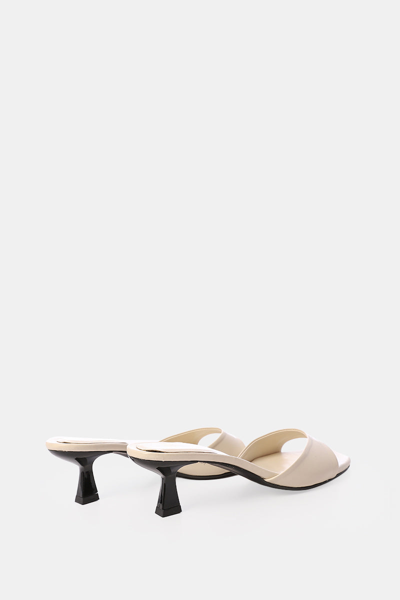 BEIGE SQUARE-TOE HEELED SANDALS