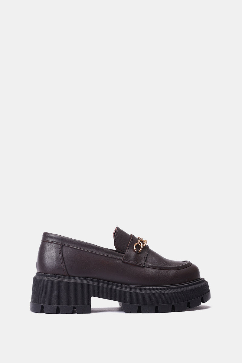 BROWN LEATHER CHUNKY CHAIN LOAFERS