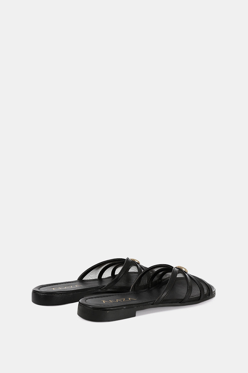 GOLD BUCKLE BLACK SHEER SLIPPERS
