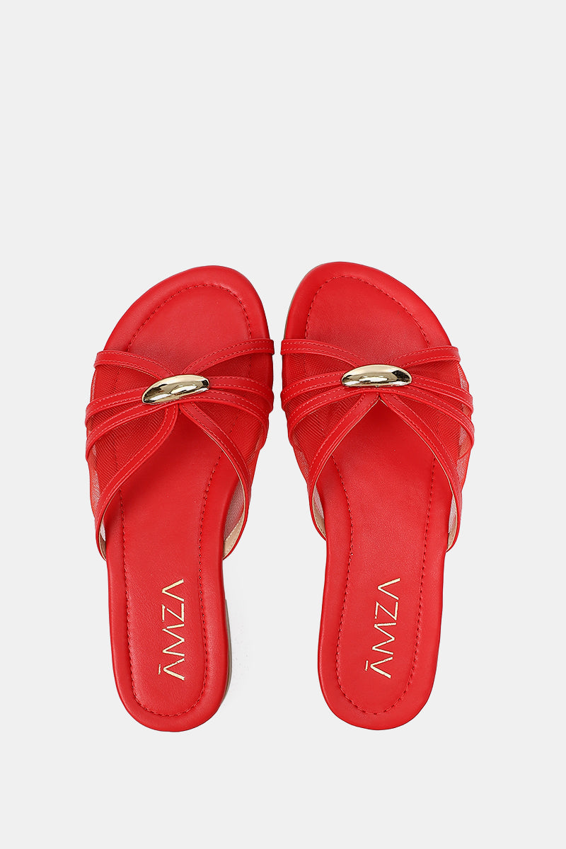 GOLD BUCKLE RED SHEER SLIPPERS