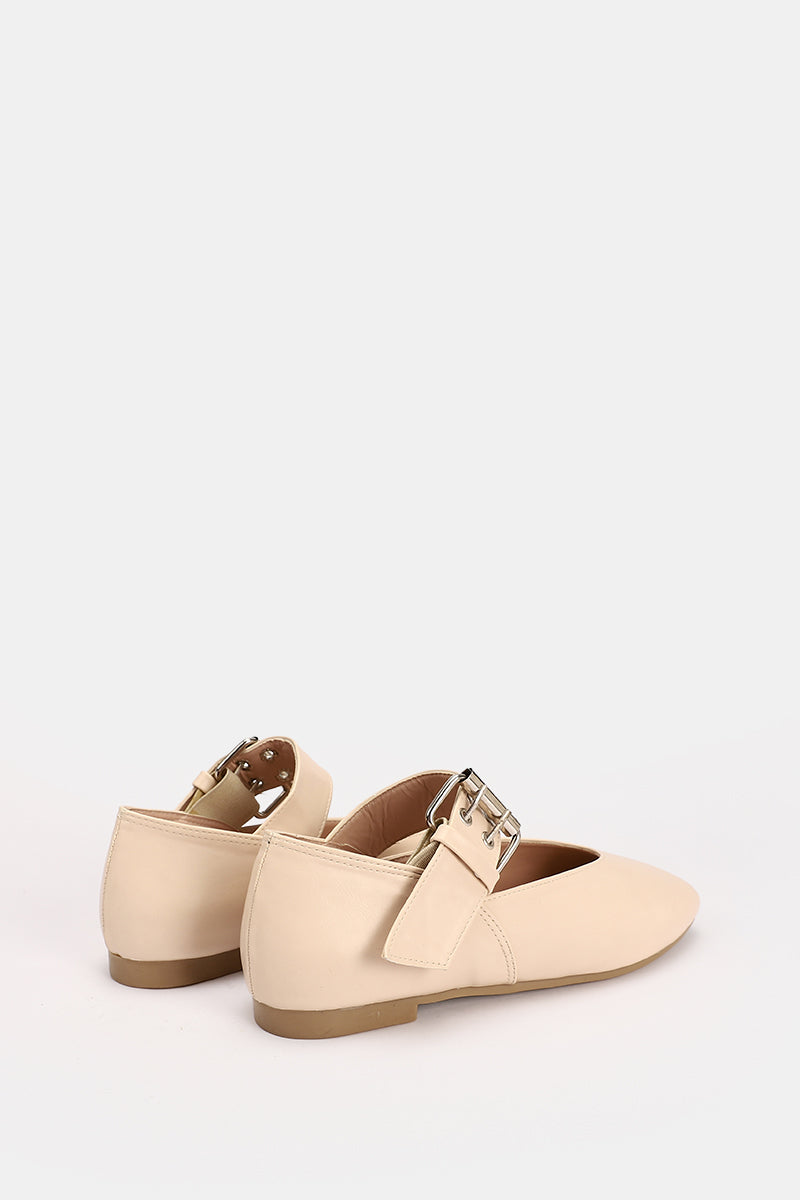BEIGE BUCKLE LEATHER FLAT