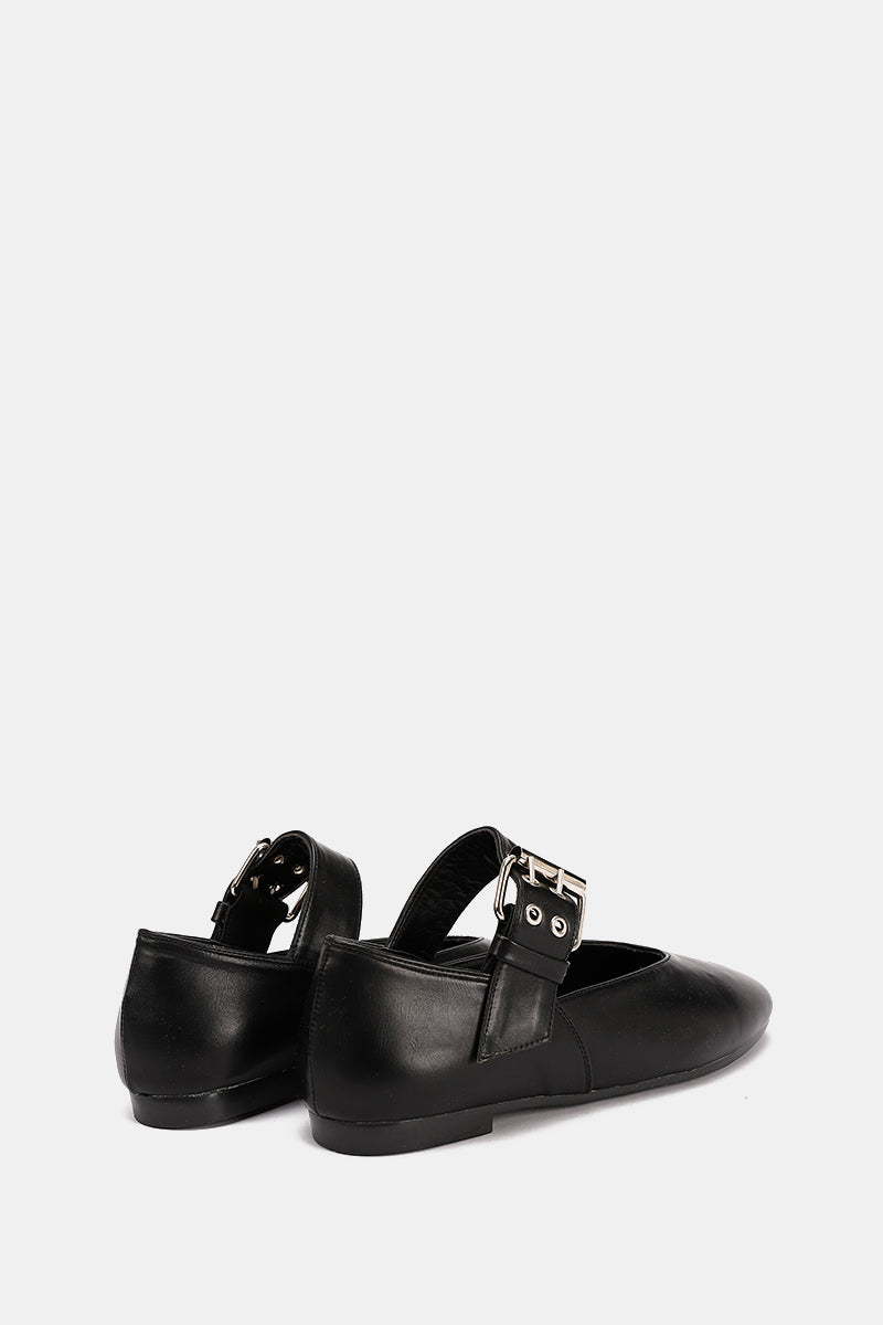BLACK BUCKLE LEATHER FLAT