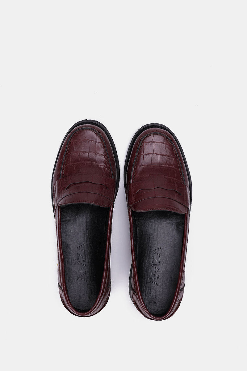 BURGUNDY VEGAN LEATHER PENNY LOAFERS