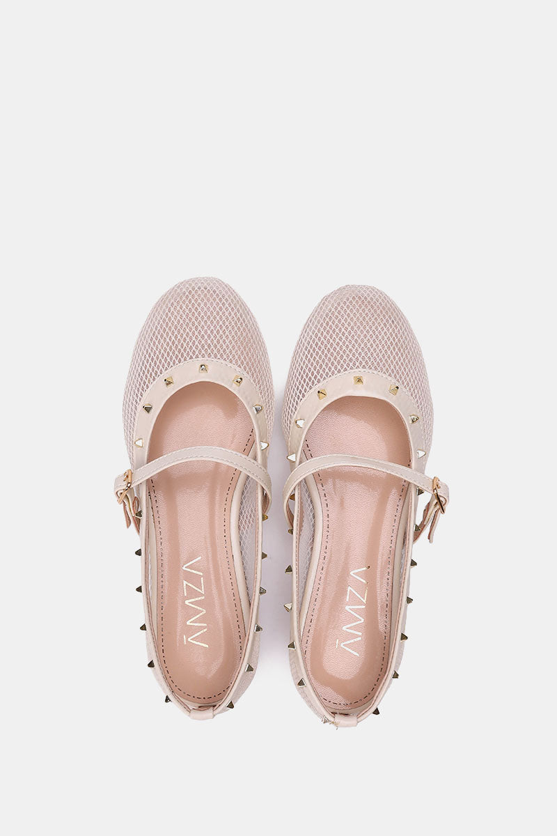 BEIGE FISHNET STUDDED FLAT