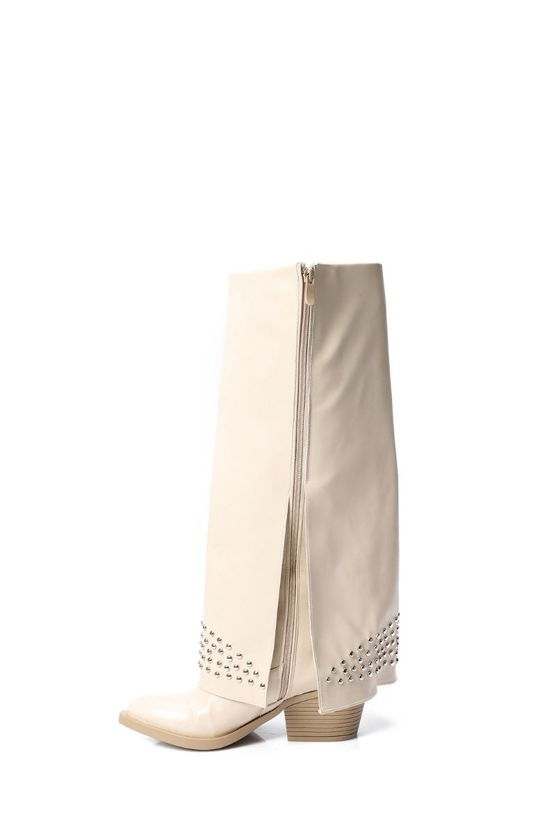 BEIGE LEATHER STUDDED OVERLAY BOOTS
