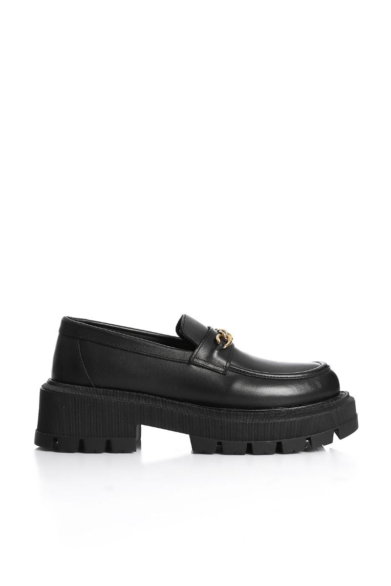BLACK LEATHER CHUNKY CHAIN LOAFERS