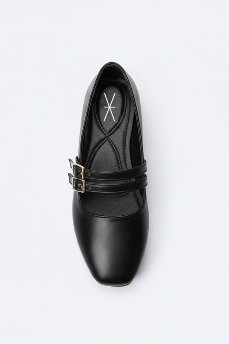 BLACK DOUBLE BUCKLE BALLERINA