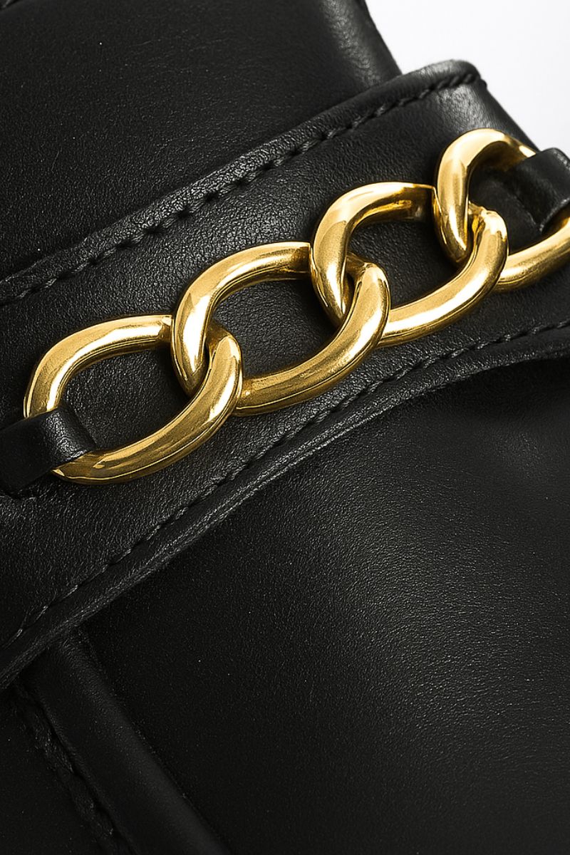 BLACK LEATHER CHUNKY CHAIN LOAFERS