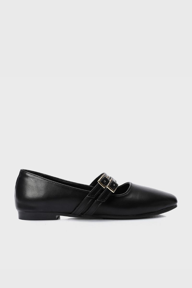 BLACK DOUBLE BUCKLE BALLERINA