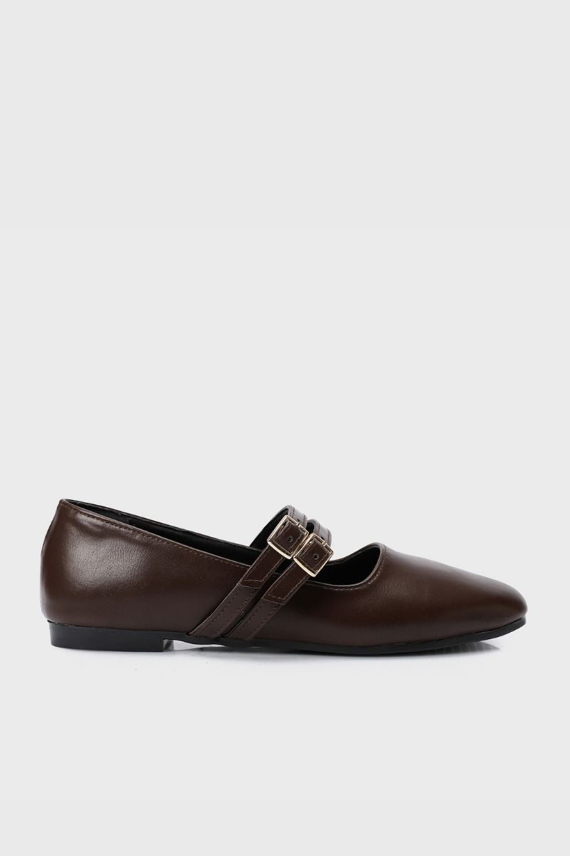 BROWN DOUBLE BUCKLE BALLERINA