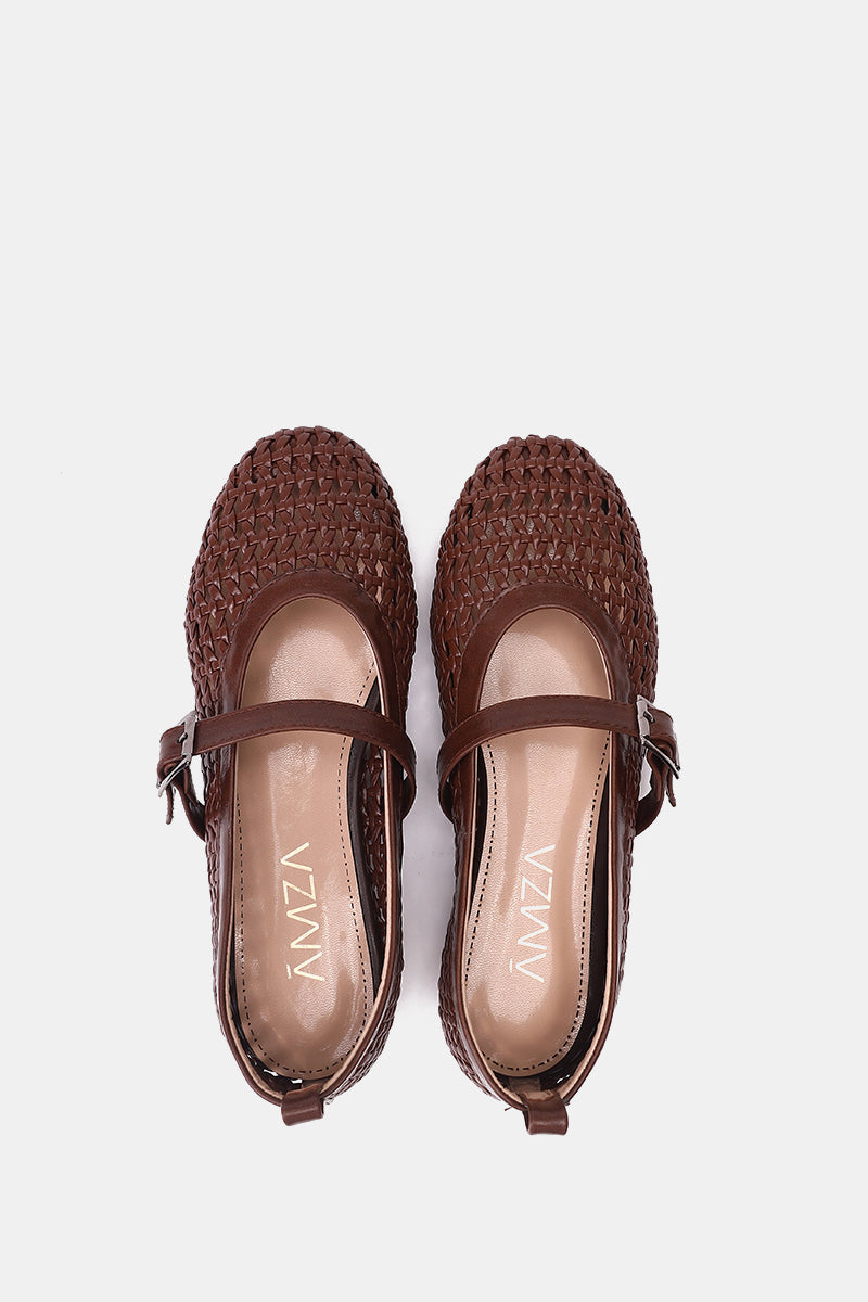BROWN BUCKLE BRAIDED WOVEN FLAT