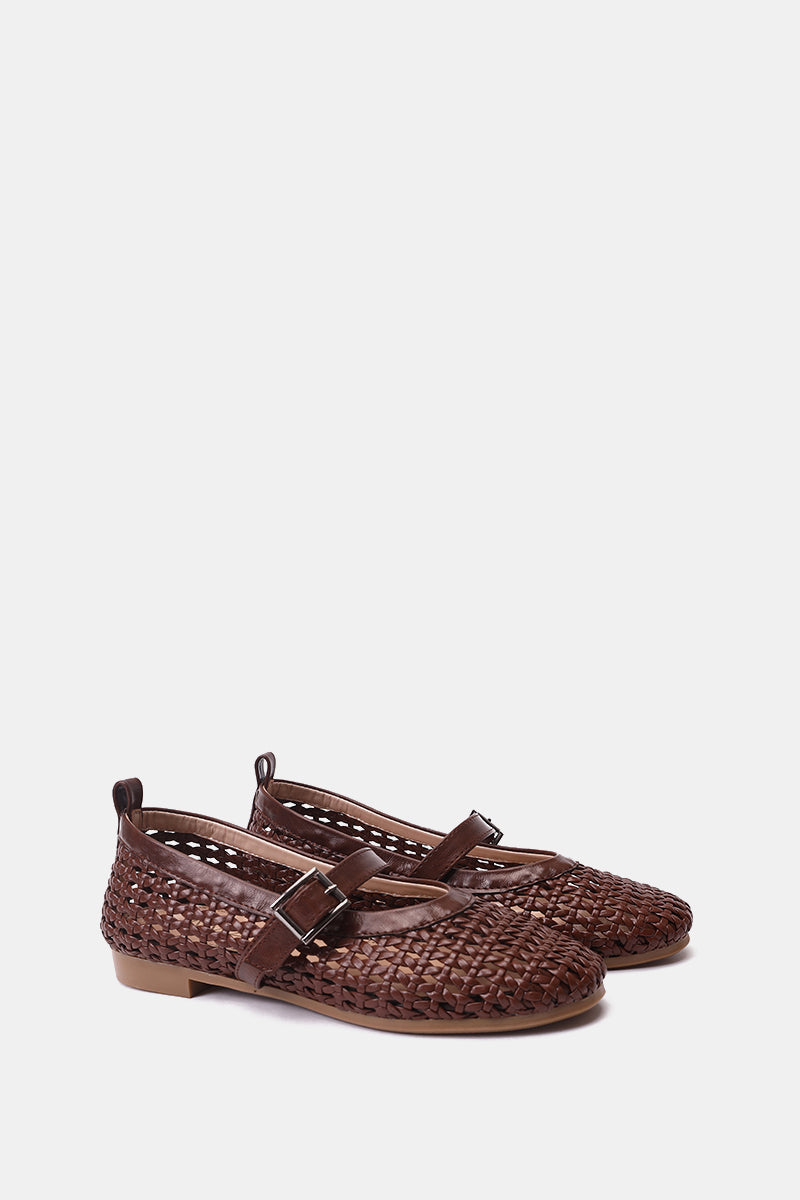 BROWN BUCKLE BRAIDED WOVEN FLAT