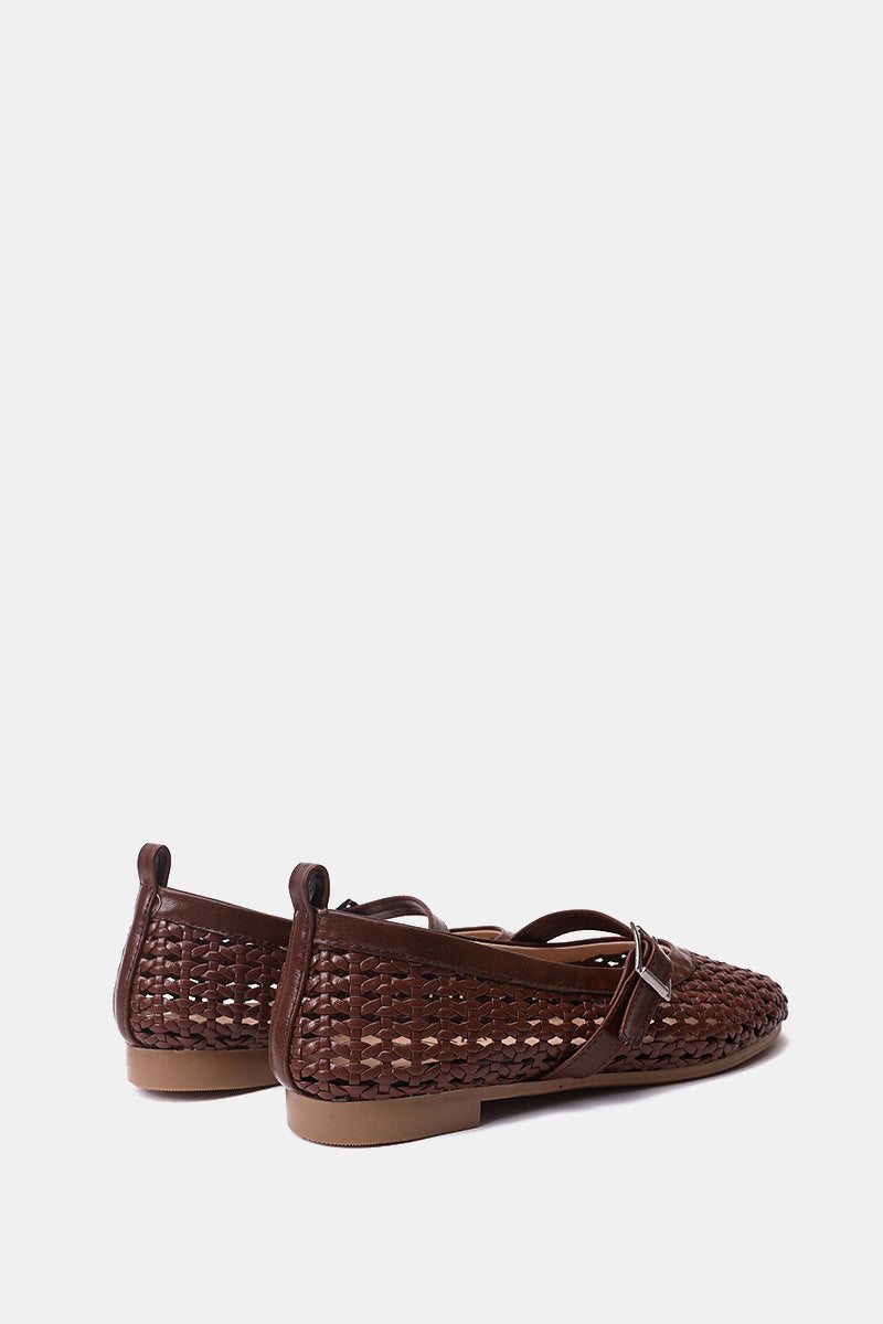 BROWN BUCKLE BRAIDED WOVEN FLAT
