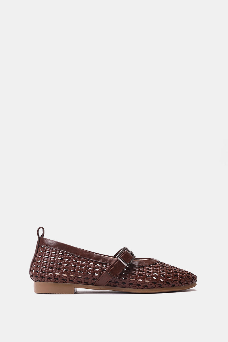 BROWN BUCKLE BRAIDED WOVEN FLAT