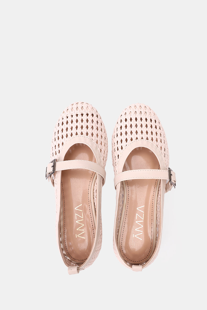 BEIGE BUCKLE BRAIDED WOVEN FLAT