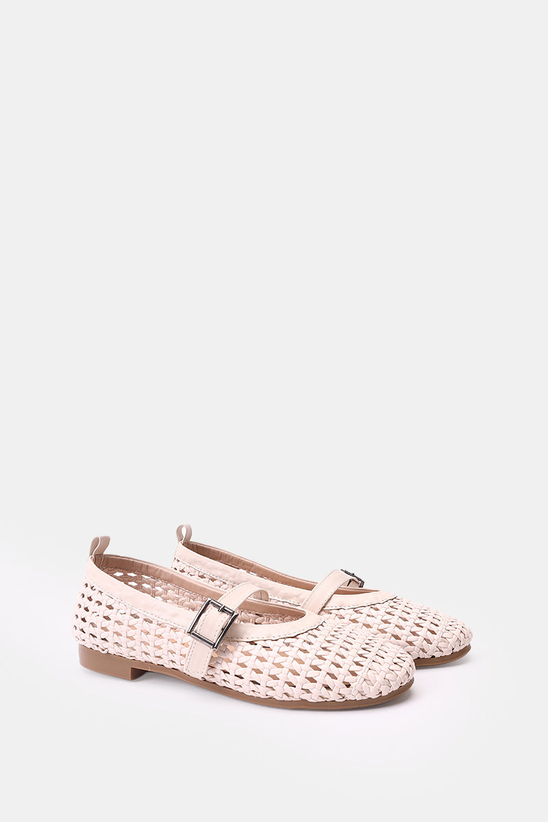BEIGE BUCKLE BRAIDED WOVEN FLAT