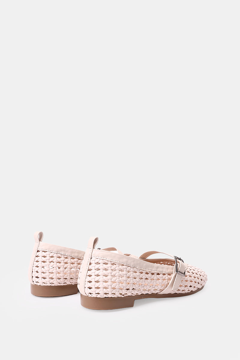 BEIGE BUCKLE BRAIDED WOVEN FLAT