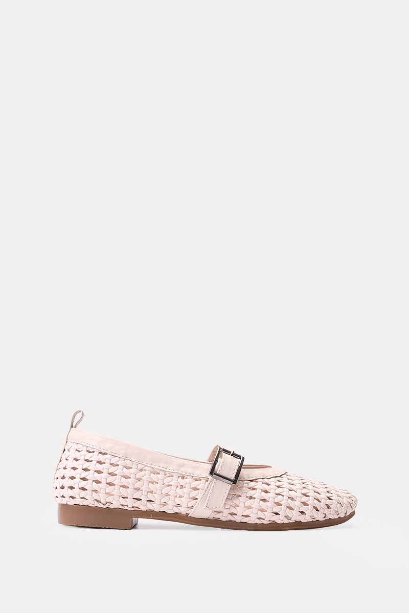 BEIGE BUCKLE BRAIDED WOVEN FLAT