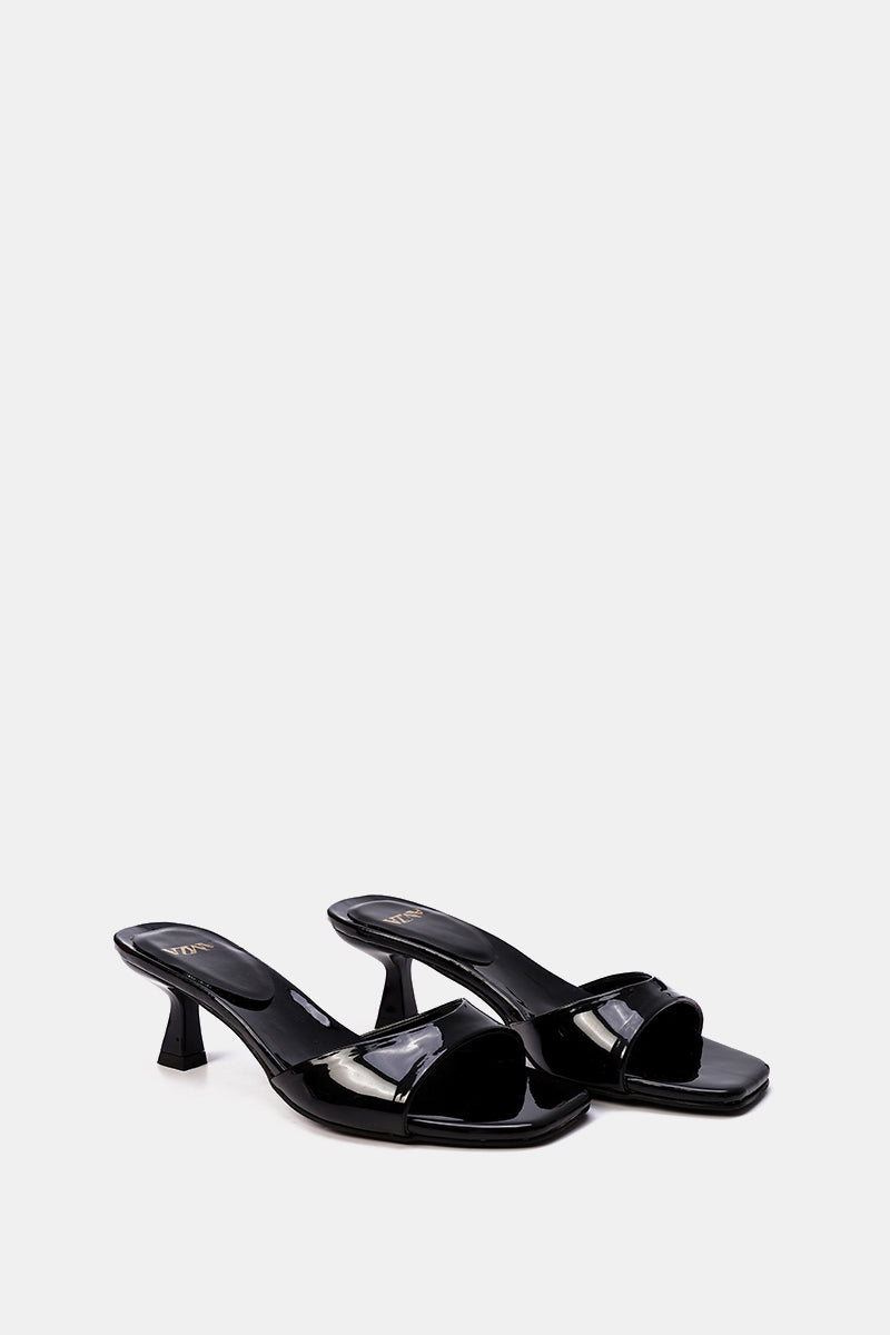 BLACK VERNE SQUARE-TOE HEELED SANDALS