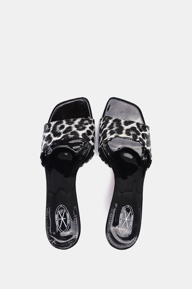 GREY LEOPARD PRINT SQUARE-TOE SANDALS