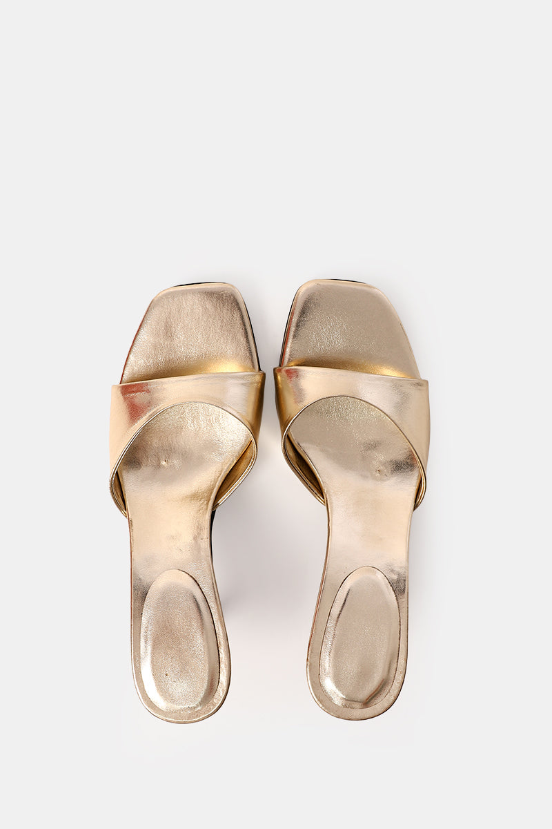 GOLD SQUARE-TOE HEELED SANDALS