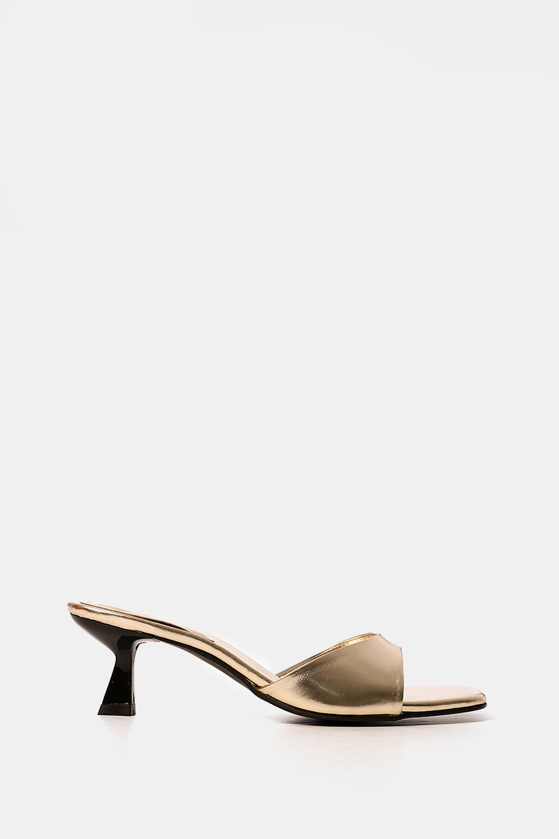 GOLD SQUARE-TOE HEELED SANDALS