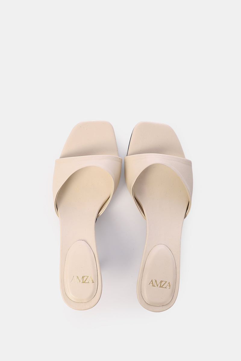 BEIGE SQUARE-TOE HEELED SANDALS