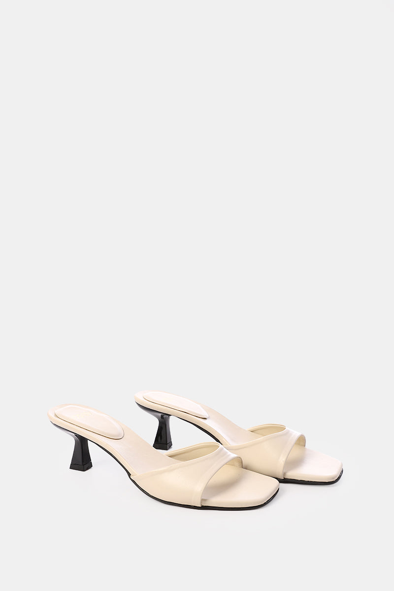 BEIGE SQUARE-TOE HEELED SANDALS