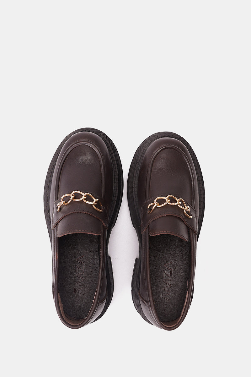 BROWN LEATHER CHUNKY CHAIN LOAFERS