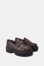 BROWN LEATHER CHUNKY CHAIN LOAFERS
