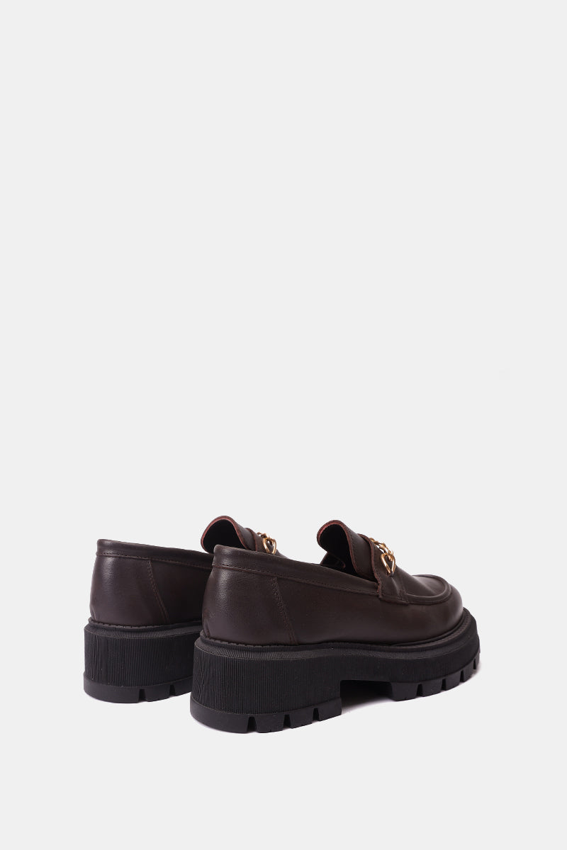 BROWN LEATHER CHUNKY CHAIN LOAFERS