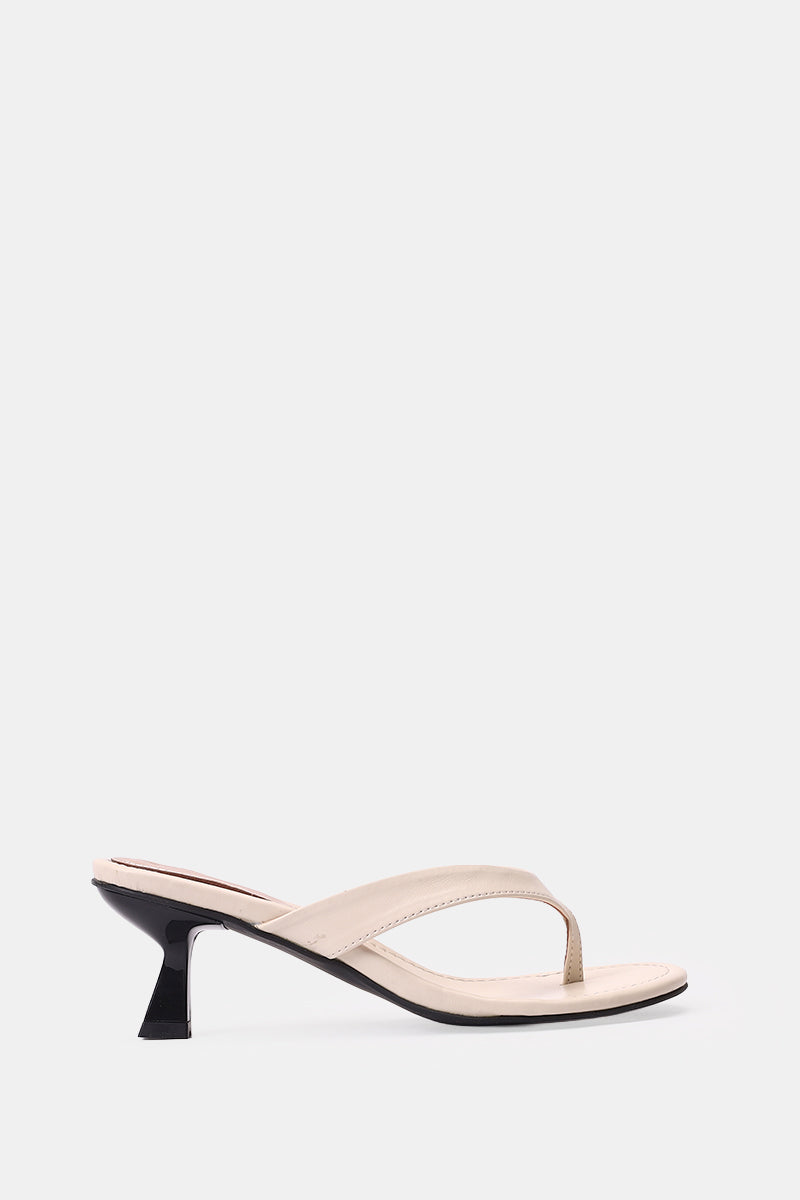 BEIGE LEATHER KITTEN HEEL SANDALS