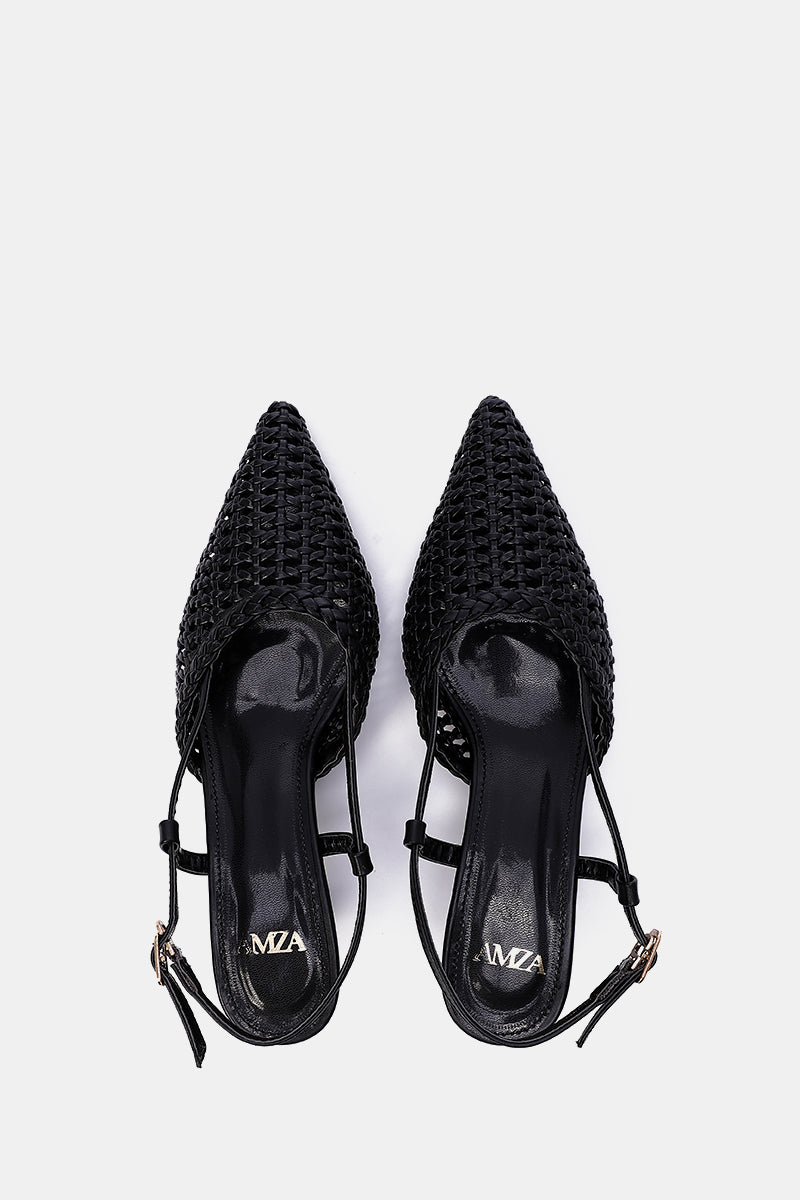 BLACK WOVEN SLINGBACK PUMPS