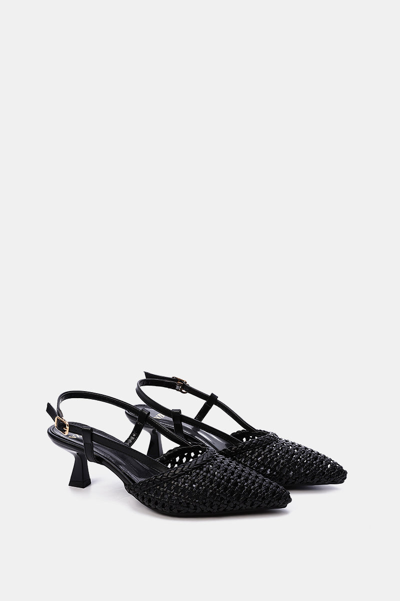BLACK WOVEN SLINGBACK PUMPS