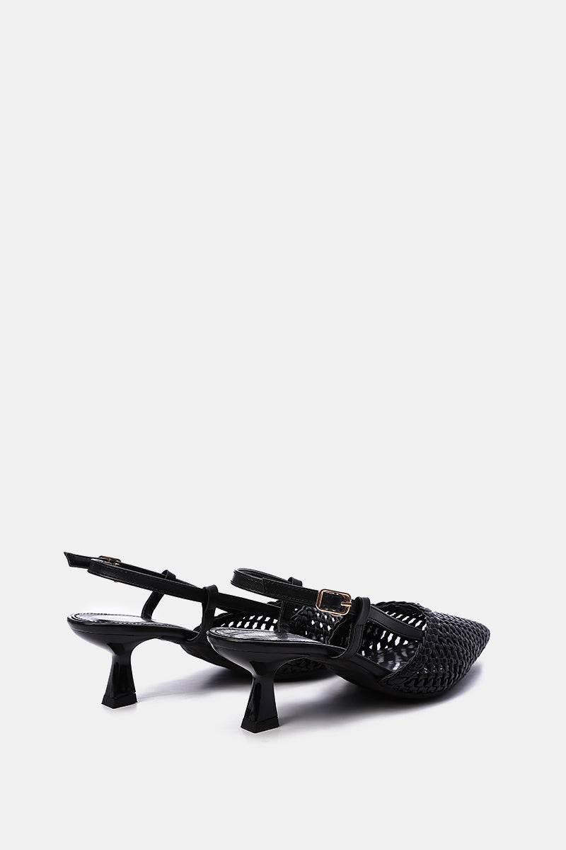 BLACK WOVEN SLINGBACK PUMPS