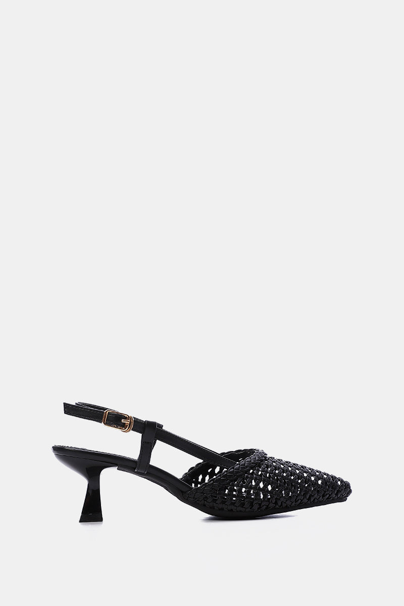BLACK WOVEN SLINGBACK PUMPS