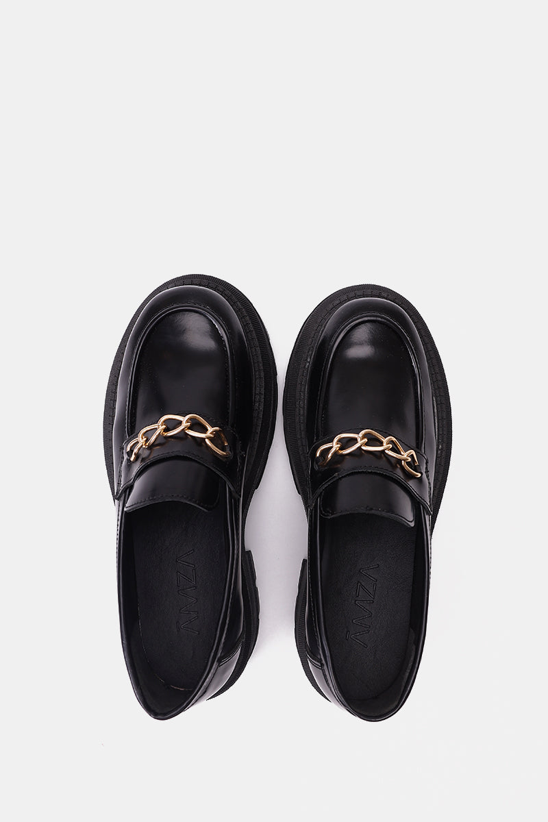 GLOSSY BLACK LEATHER CHUNKY CHAIN LOAFERS