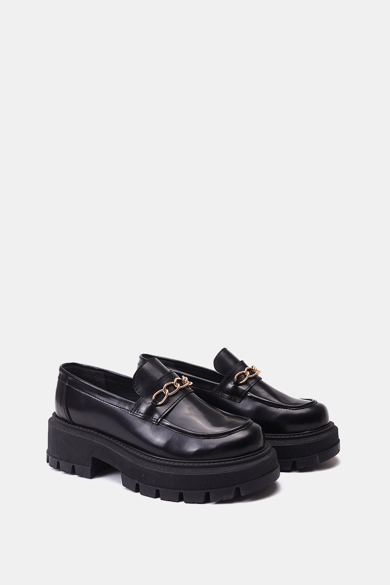 GLOSSY BLACK LEATHER CHUNKY CHAIN LOAFERS