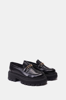 BLACK GLOSSY LEATHER CHUNKY CHAIN LOAFERS