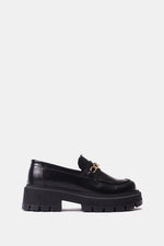 GLOSSY BLACK LEATHER CHUNKY CHAIN LOAFERS