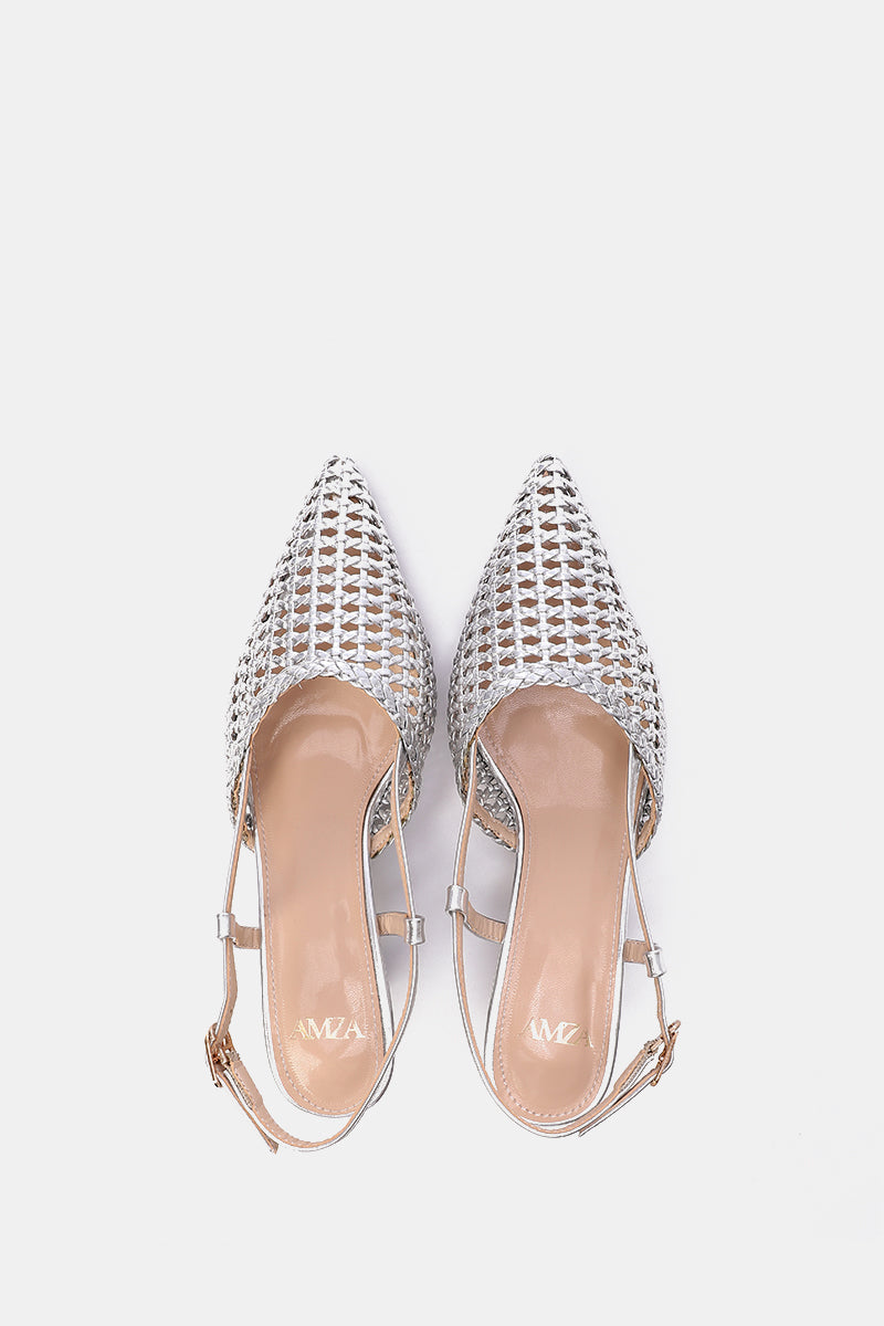 SILVER WOVEN SLINGBACK PUMPS