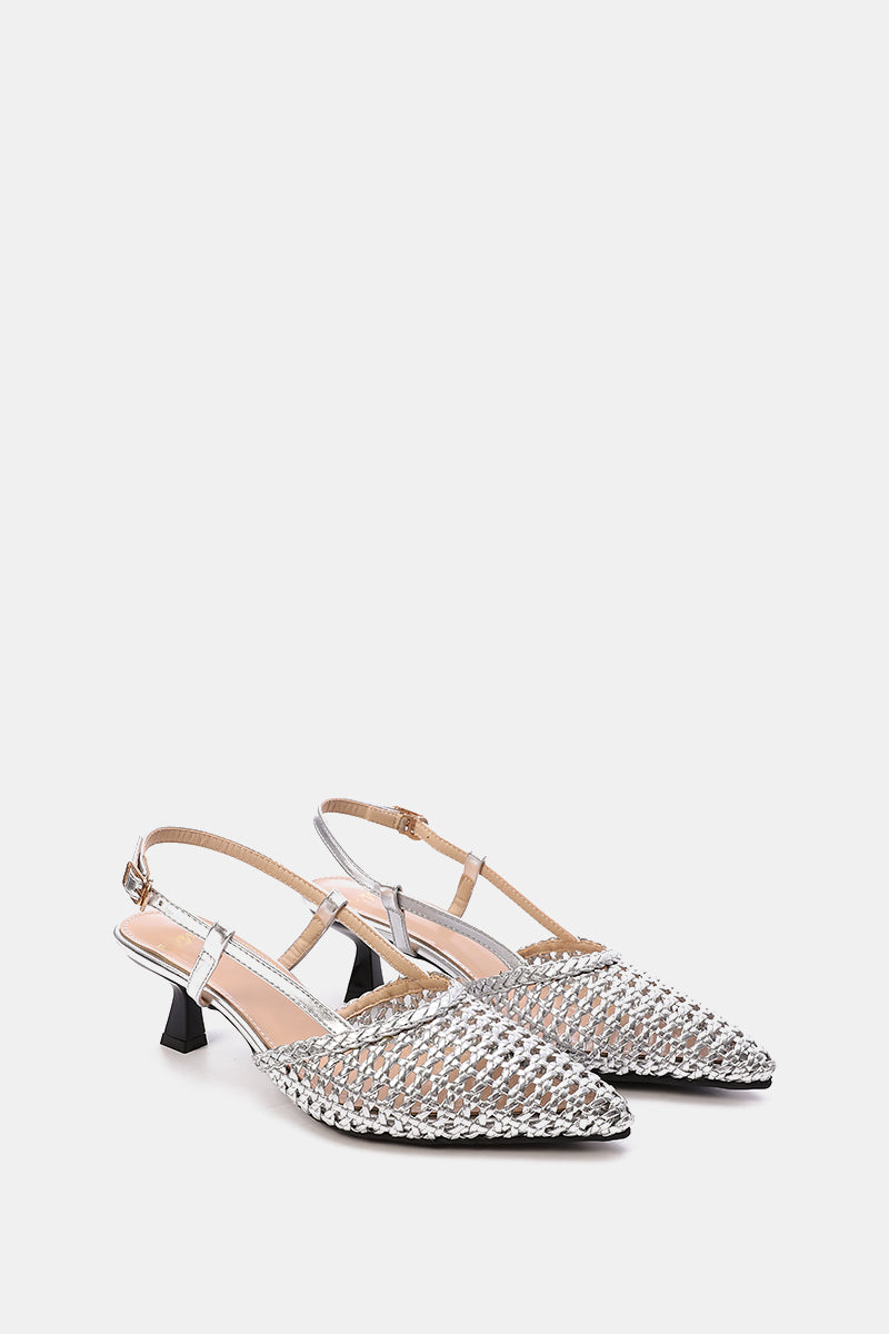 SILVER WOVEN SLINGBACK PUMPS