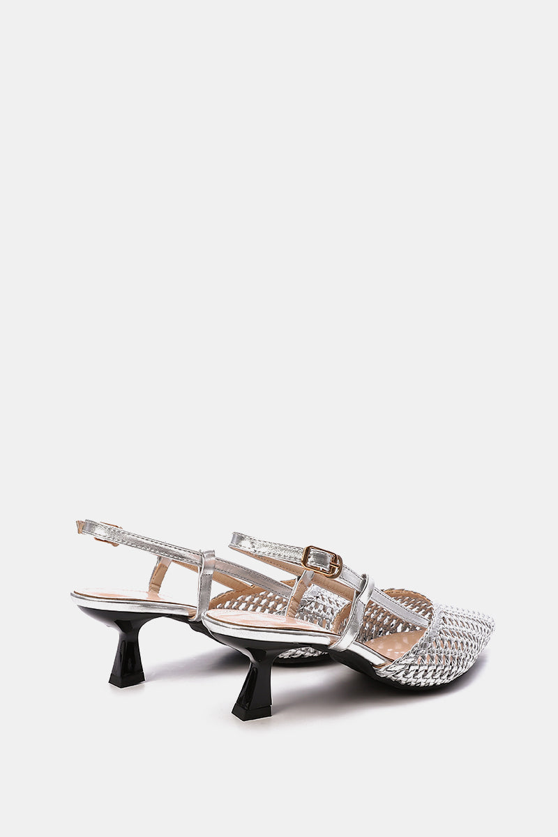 SILVER WOVEN SLINGBACK PUMPS