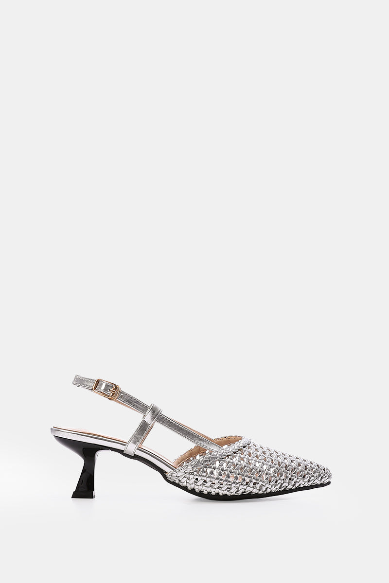 SILVER WOVEN SLINGBACK PUMPS