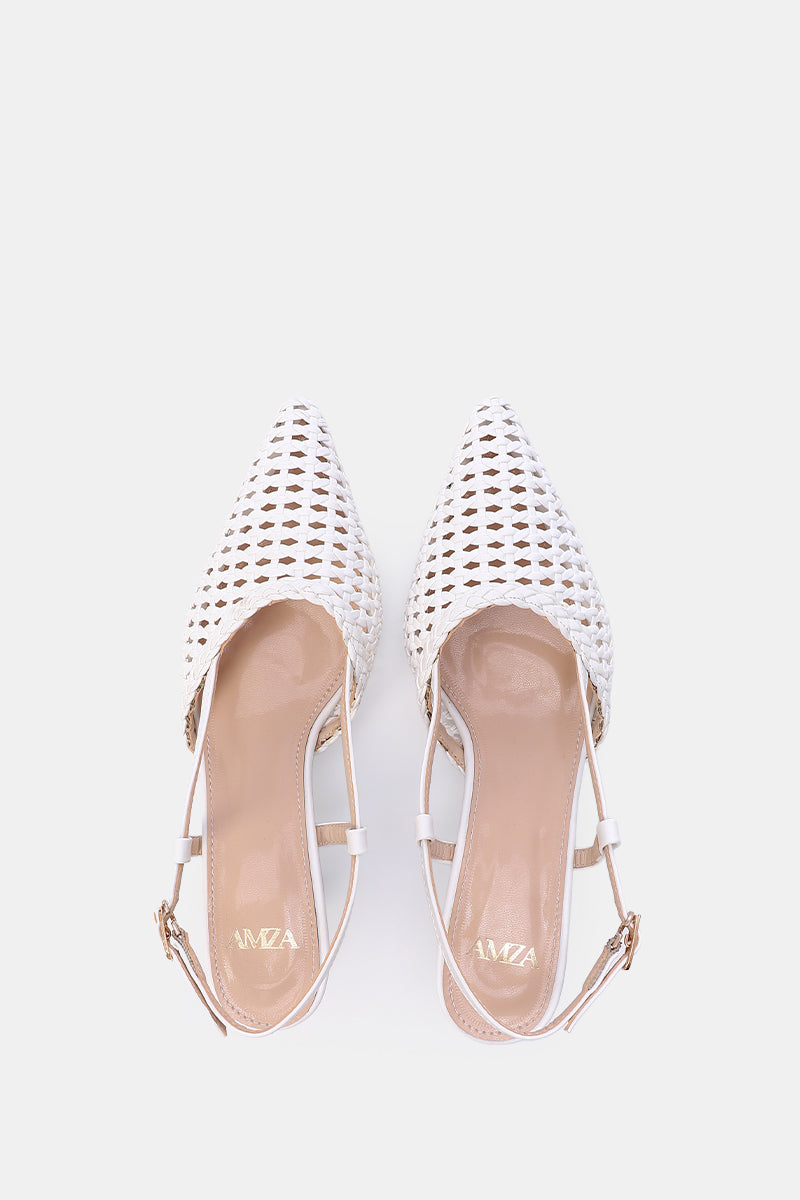 WHITE WOVEN SLINGBACK PUMPS