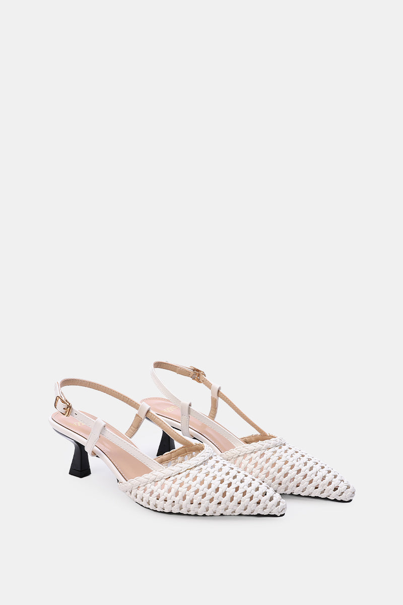 WHITE WOVEN SLINGBACK PUMPS