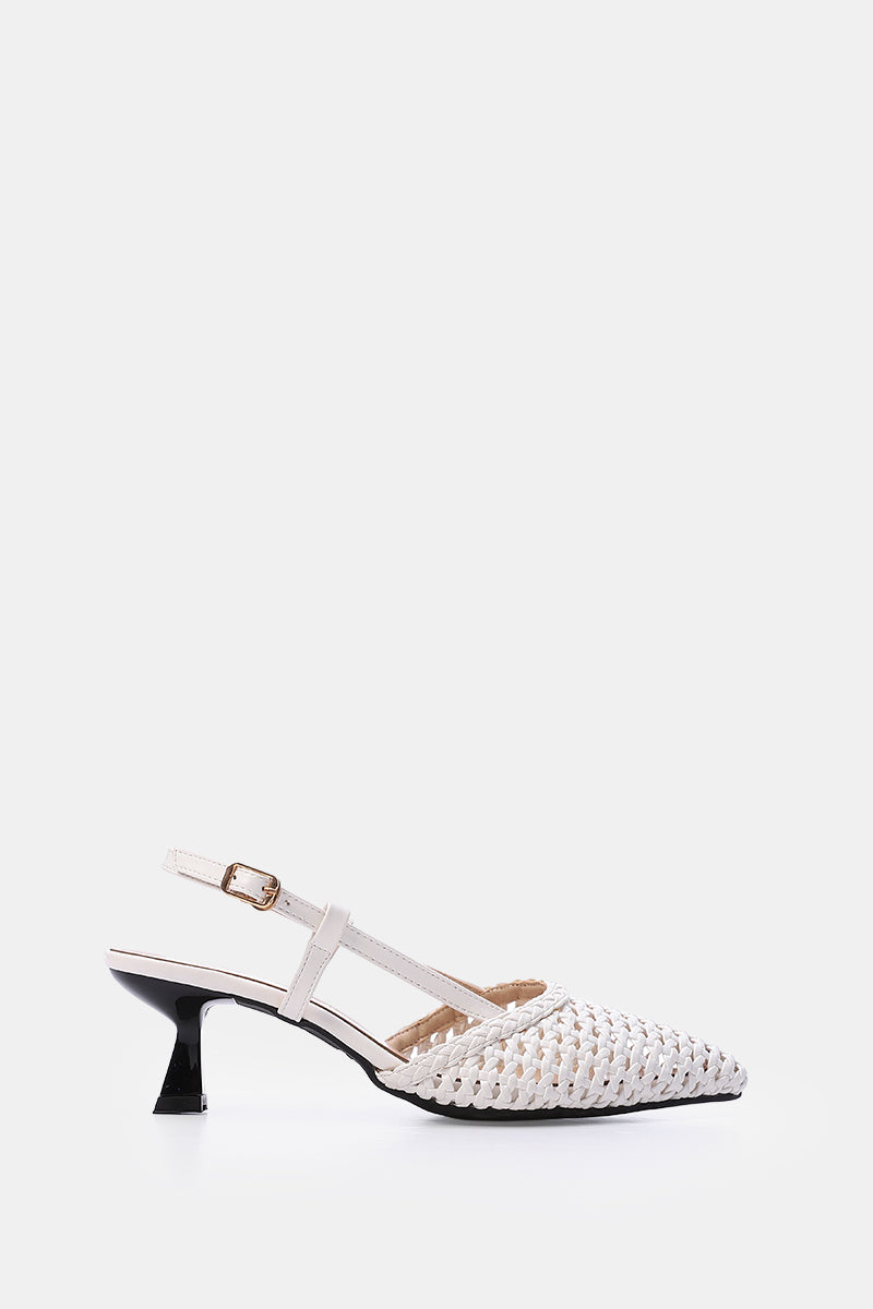 WHITE WOVEN SLINGBACK PUMPS