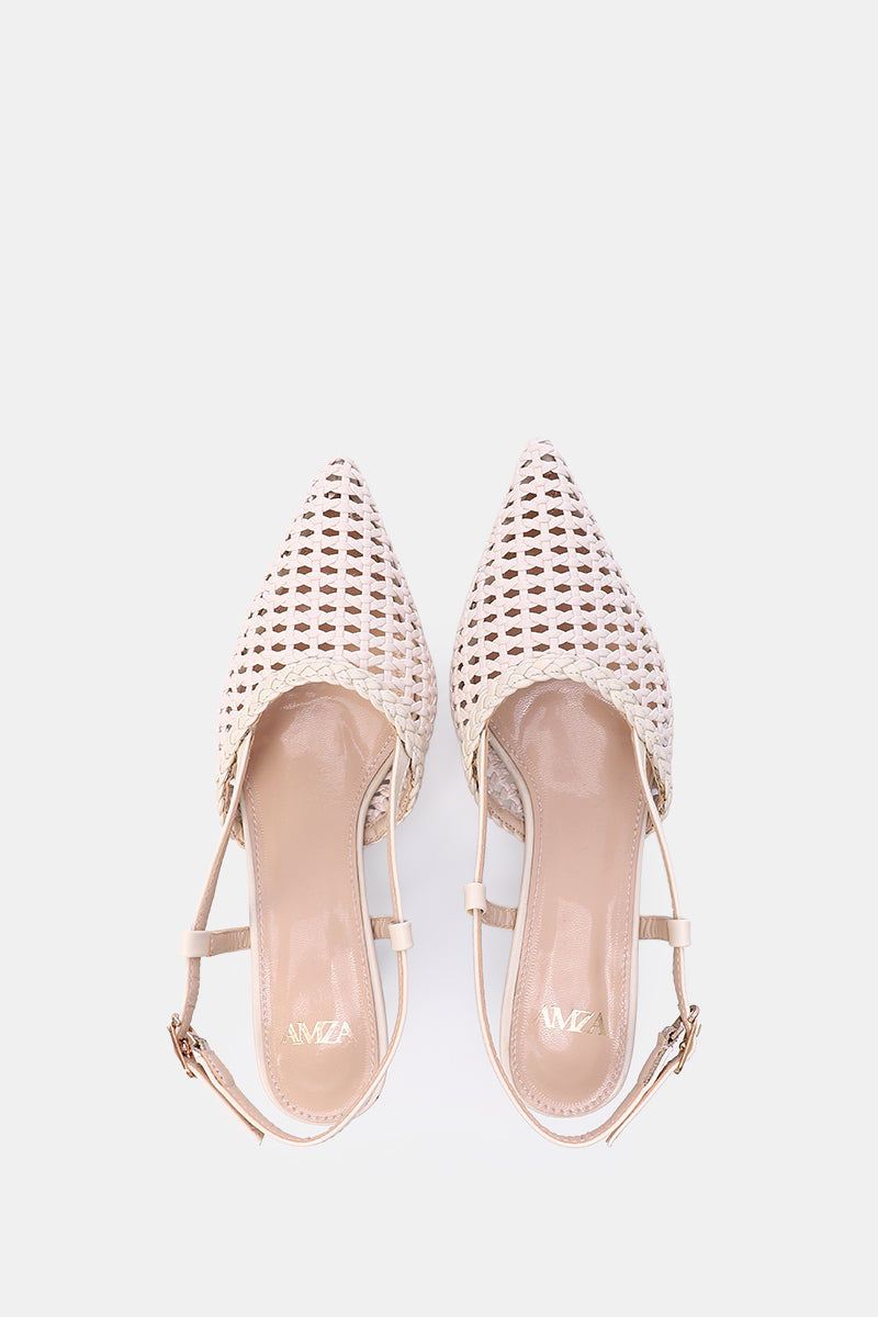 BEIGE WOVEN SLINGBACK PUMPS