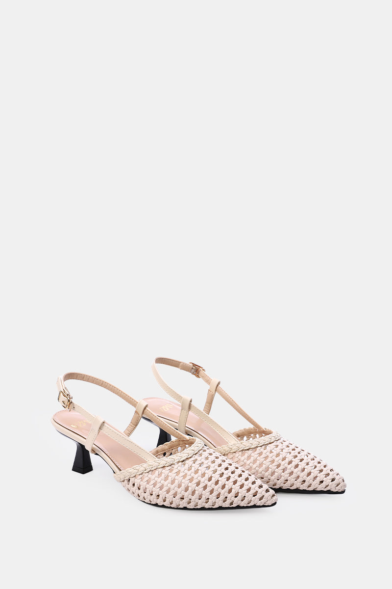 BEIGE WOVEN SLINGBACK PUMPS
