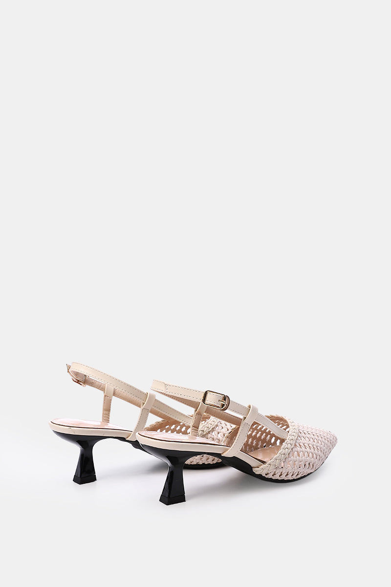 BEIGE WOVEN SLINGBACK PUMPS